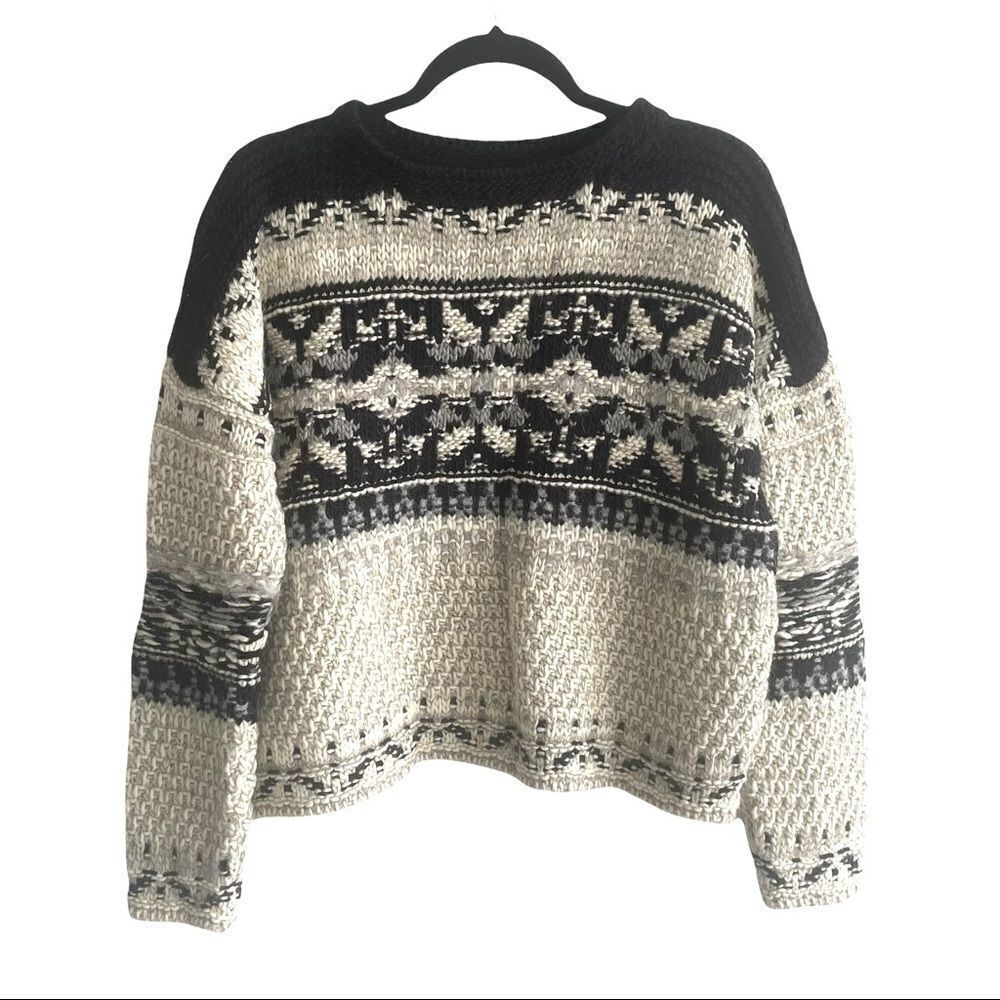 𝅺Hand Knit Jacquard Chunky Knit Boat Neck Sweater Ecru Black S